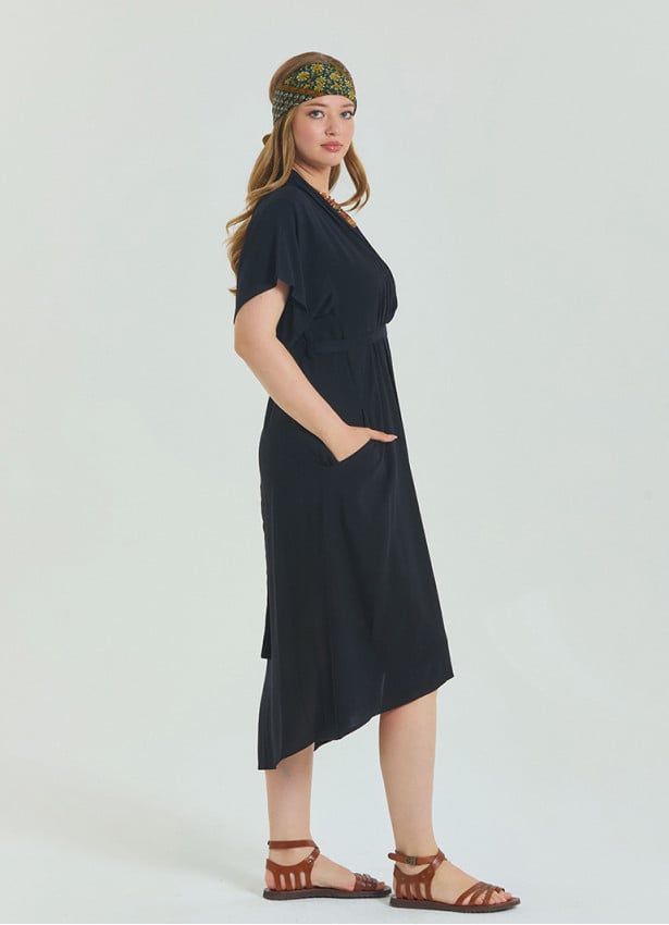 V Neck Pleated Detailed Black Casual Plus Size Dress 4606